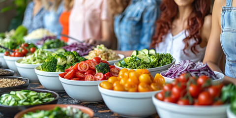 Naklejka premium Group of Friends Enjoying a Colorful and Healthy Salad Buffet Featuring Fresh Vegetables and Nutrient-Rich Ingredients