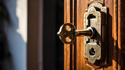 close-up of an antique key inserted into the keyhole of a wooden door. they are decorated with intricate patterns, indicating an antique or historical context.
