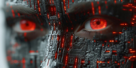 Naklejka premium Closeup view of humanoid face with metal mask, technology concept of artificial intelligence,