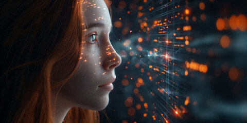 Portrait of woman face with Digital Entrepreneur Working on Computer