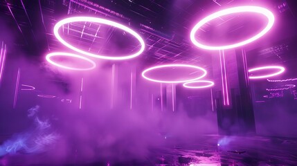 cyberpunk futuristic club party with neon circles purple smoke and fog background