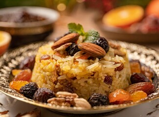 Azerbaijani pilaf with meat and dried fruits on a serving platter. 
