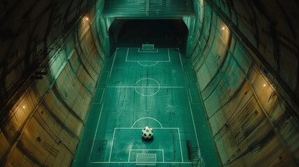 cinematic aerial shot of an underground soccer curt which is in a big clean underground vault 