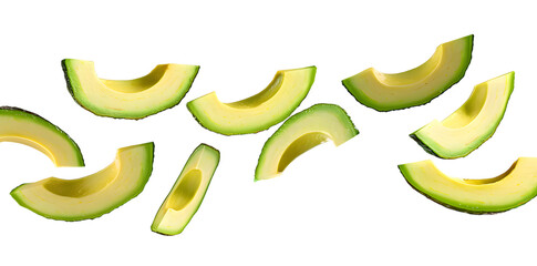Falling avocado slices isolated on transparent background