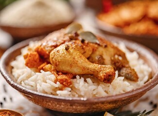 Indian cuisine featuring spicy aromatic flavors with traditional dishes like rice and chicken.