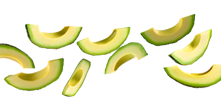 Falling avocado slices isolated on transparent background