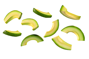 Falling avocado slices isolated on transparent background