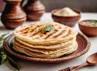 Kerala Porotta- Homemade layered flatbread made with wheat flour, served on a ceramic plate. Sri Lanka Traditional Food.