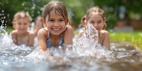 Fototapeta premium Happy moment children playing water with friend in the garden