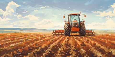 The image captures a mechanized agricultural scene featuring a tractor surrounded by land vehicles equipped with wheels, set against a backdrop
