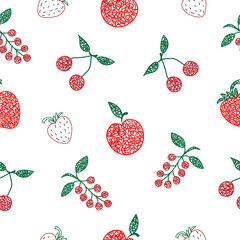 Seamless pattern with hand drawn cherry, apple, strawberry, on white background in childrens naive style.