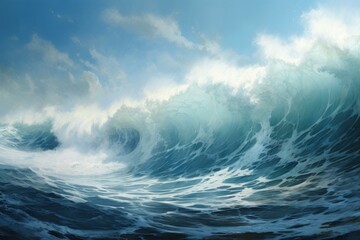 Digital illustration of a powerful, cresting ocean wave under a dynamic sky