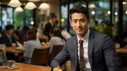 handsome asian man businessman at restaurant, afterwork social connection party