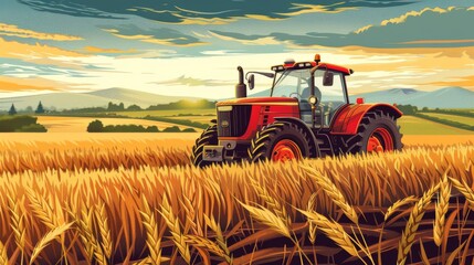 Fototapeta premium A scene depicting an agricultural tractor equipped with tire wheel, traversing the natural environment under the vast sky, showcasing the essence