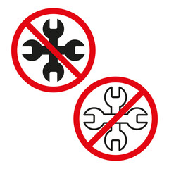 No wrench symbol. Red prohibition sign. Crossed wrenches. Vector illustration.