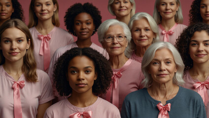 Fototapeta premium Breast cancer awareness month concept, Generative AI picture pink ribbon many remission woman society