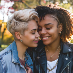 LGBTQIA couple sharing a tender moment outdoors