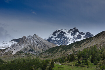 Fototapeta premium Alpine peaks Creste di Laione, Torre del Lago and Cornone di Blumone. Adamello National Park, Italy. Adamello National Park, Italy