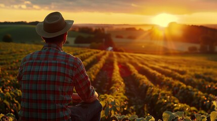 Fototapeta premium farmer overlooking field at sunset rear view of modern agricultural scene