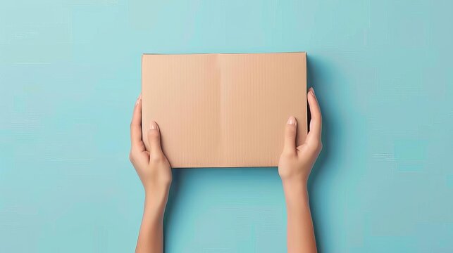 female hands presenting rectangular cardboard box on pastel blue background gift and delivery concept product mockup