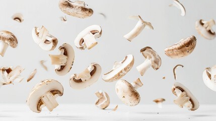 flying sliced champignon mushrooms isolated on white background food levitation concept
