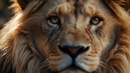 Lion, close-up intense eyes mane details, mirrorless camera, macro lens, midday sun, portrait style, Fujifilm Velvia film, close up portrait of a lion