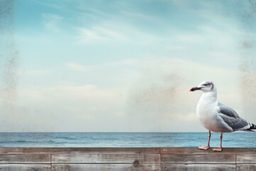 Fototapeta premium Serene scene with a seagull overlooking the ocean from a weathered wooden pier