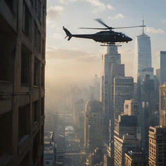 a helicopter flying over a city with tall buildings in the background