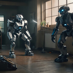 a two robots that are standing in a room