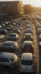 cars are parked in a lot in a city at sunset