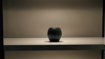 a black vase sitting on a white shelf in a room