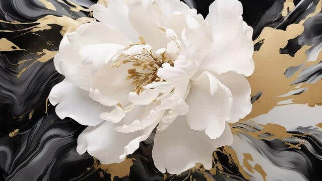 White peony on liquid marbled white and gold black background.
