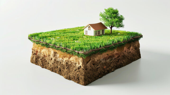 A 3D rendered model showing an isolated land plot with a small house and tree, illustrating real estate concepts.
