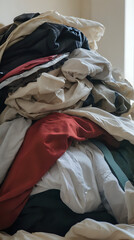 a pile of clothes on a bed with a window in the background