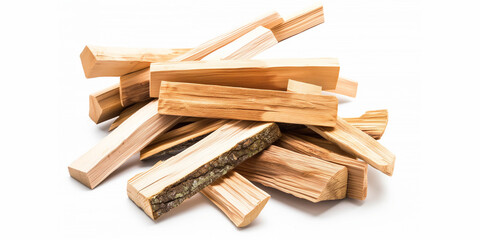 A neatly stacked pile of kindling wood pieces on a white background. The split logs are ready for use in starting fires, showcasing their natural textures and colors
