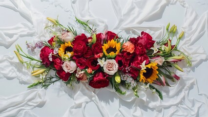 Fototapeta premium Multicolored flowers are lying composition from fresh flowers on a white background