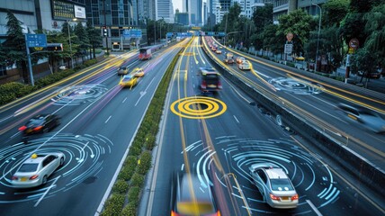 busy highway segment where P-IoT sensors embedded in the pavement track conditions and wear, signaling when repairs are needed to prevent accidents