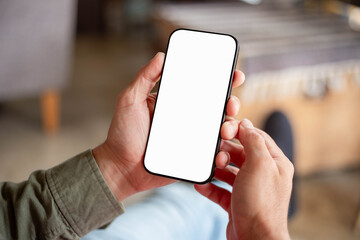 cell phone blank white screen mockup.hand holding texting using mobile on desk at office.background empty space for advertise.work people contact marketing business,technology