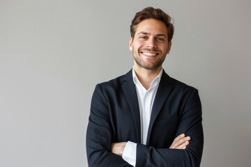 Confident Caucasian man in formal suit smiling at camera.