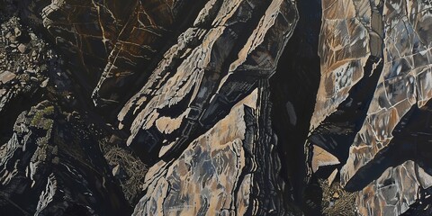 Fototapeta premium Panoramic view of mountain cliffs, close-up on rugged textures and shadows, intense midday lighting.