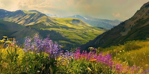 Fototapeta premium Mountain valley panorama, detailed view of wildflowers and grasslands, bright, colorful afternoon.