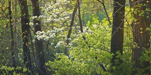 Spring mountain forest, detailed view of budding leaves and flowers, fresh, vibrant morning light. 