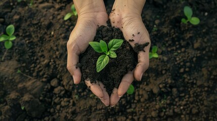 hands holding green plant with soil environmental conservation and saving the world concept