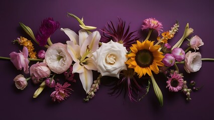 Obraz premium Flat lay composition with different beautiful flowers on violet background