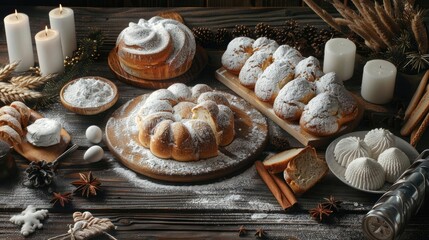 Assorted holiday pastries and desserts on a wooden table with candles, creating a cozy and festive atmosphere.