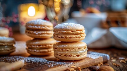 Delicious French macarons on a wooden board, dusted with powdered sugar, with a warm and cozy background. Perfect for dessert lovers.