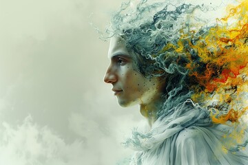Fototapeta premium Abstract portrait of a man with swirling colors and smoke