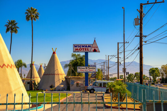 San Bernardino, California, USA - November 3, 2023 : The Wigwam Motel in San Bernardino is a retro landmark on historic Route 66, featuring cozy teepee-shaped rooms for a unique travel experience.