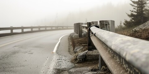 Curved mountain road, detailed view of guardrails and edge, misty morning, soft focus on distant trees. 