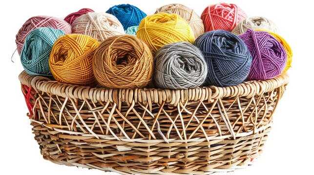 Array of colorful yarn skeins neatly arranged in a basket